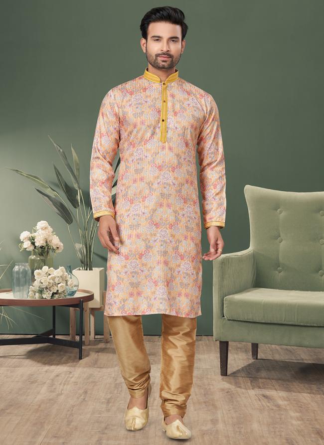 Heavy Cotton Peach Traditional Wear Printed Readymade Kurta Pajama